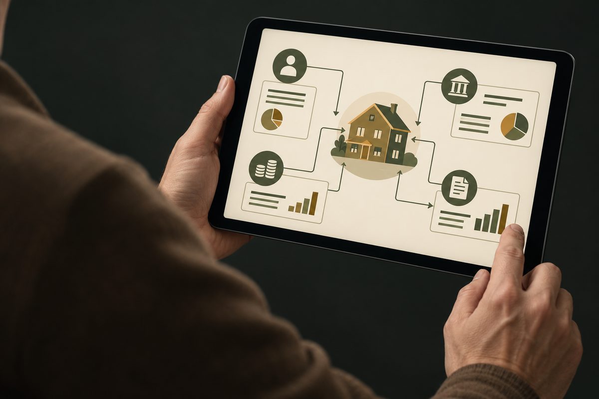 Anonieme gebruiker bekijkt een illustratief fiscaal model op een tablet
